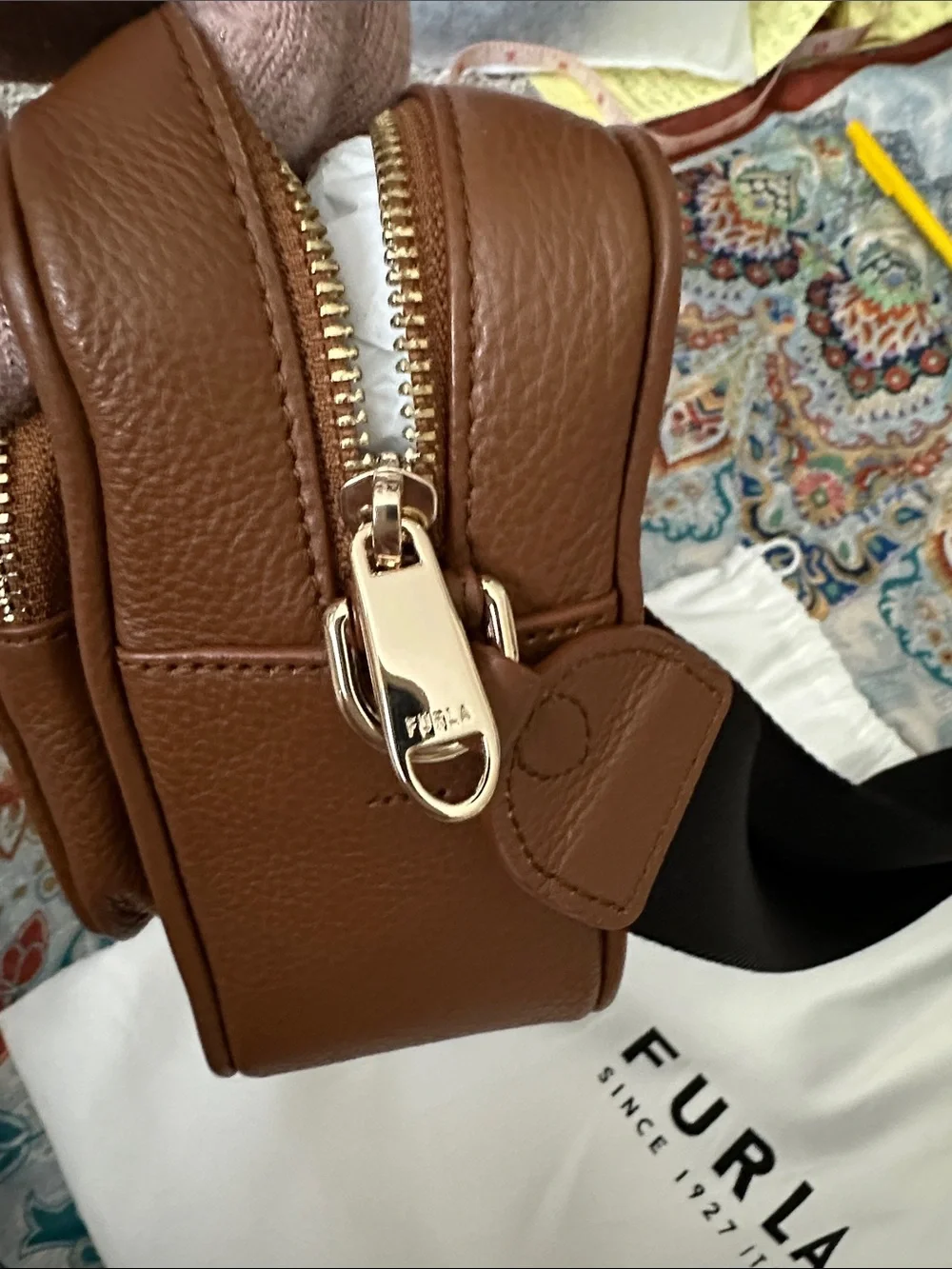 Furla Brown Pebbled Leather Messenger with Black Strap